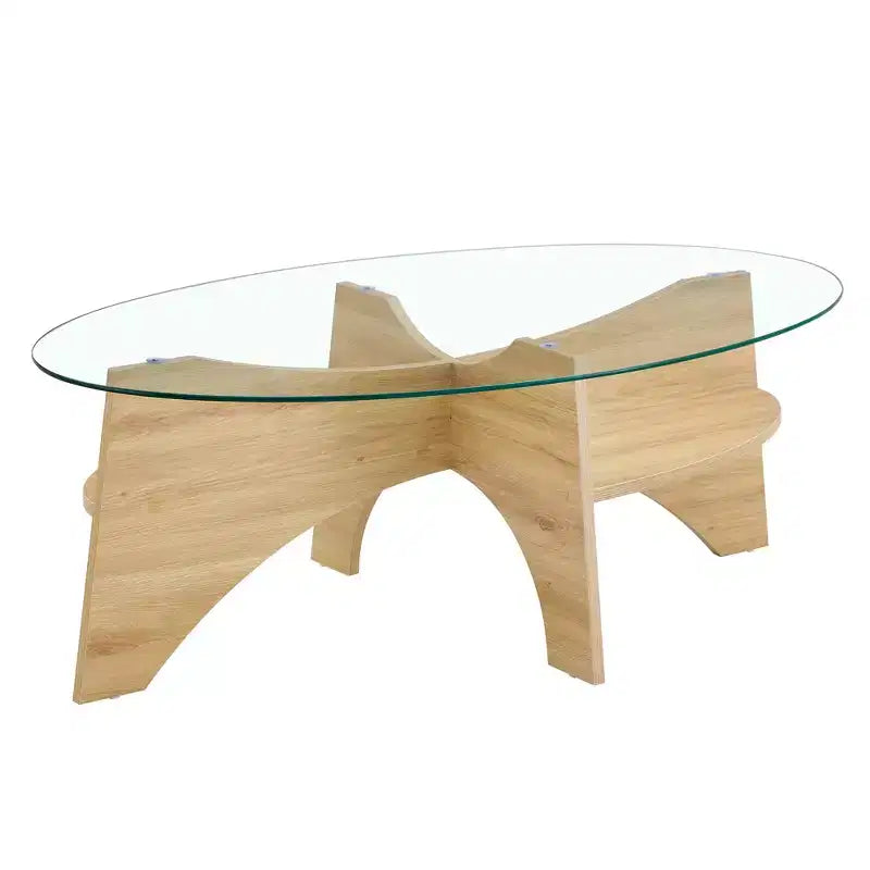 Table basse en verre, table basse ronde, table basse ovale, table d'appoint, table de canapé avec pieds en éventail diagonal, noyer/naturel-ModernLuxe