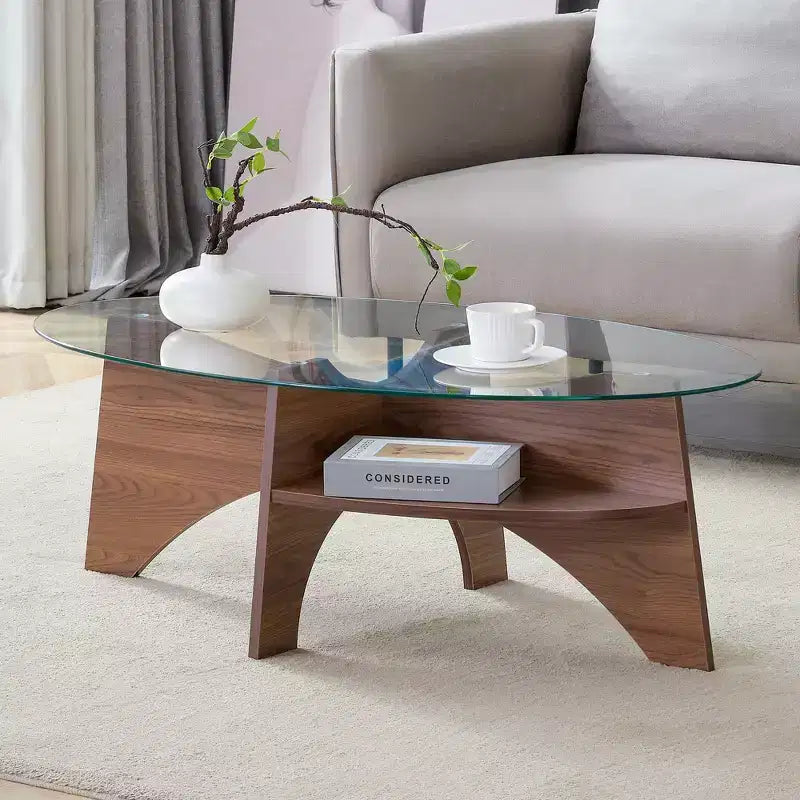 Table basse en verre, table basse ronde, table basse ovale, table d'appoint, table de canapé avec pieds en éventail diagonal, noyer/naturel-ModernLuxe