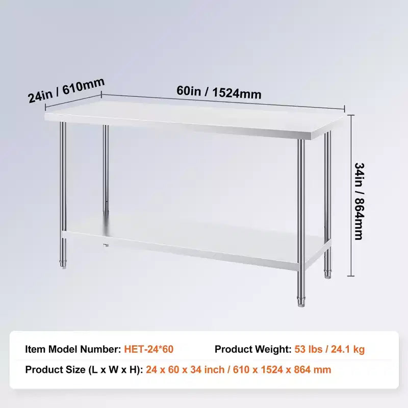VEVOR Table de Préparation en Acier Inoxydable, 60 x 150 x 86 cm, Capacité de Charge 380 kg, Table de Travail Robuste en Métal avec 3 Niveaux de Hauteur Réglables