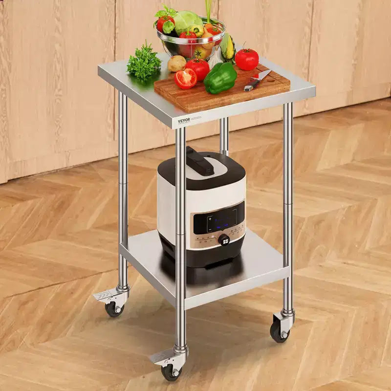 VEVOR Table de Travail en Acier Inoxydable 61 x 61 x 96,5 cm, Capacité de Charge de 317,5 kg avec 4 Roues, 3 Niveaux de Hauteur Réglables, Plan de Travail Robuste pour Préparation Alimentaire
