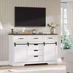 47.2 Farmhouse Buffet Cabinet, Sideboard Cabinet with 6 Drawers, White Coffee Bar with Sliding Barn Doors for Dinning Room, Kitchen, Living Room