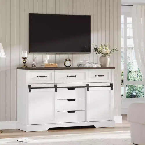 47.2 Farmhouse Buffet Cabinet, Sideboard Cabinet with 6 Drawers, White Coffee Bar with Sliding Barn Doors for Dinning Room, Kitchen, Living Room