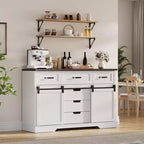 47.2 Armoire de buffet de ferme, armoire de salle à manger avec 6 tiroirs, bar à café blanc avec portes de grange coulissantes pour salle à manger, cuisine, salon
