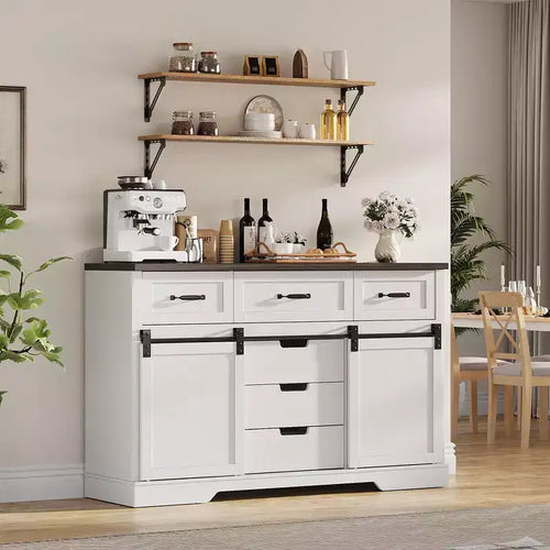 47.2 Armoire de buffet de ferme, armoire de salle à manger avec 6 tiroirs, bar à café blanc avec portes de grange coulissantes pour salle à manger, cuisine, salon