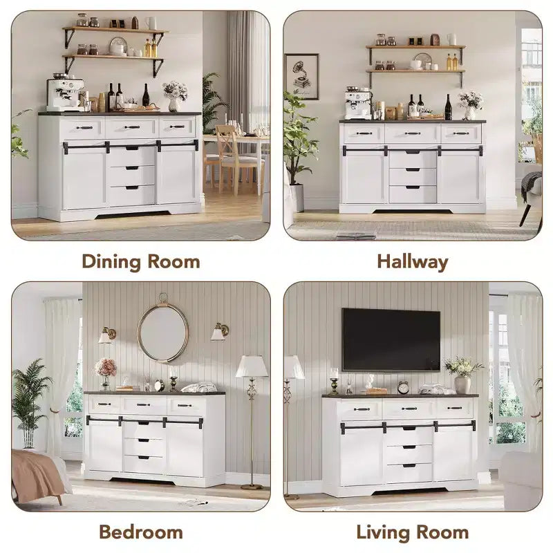 47.2 Armoire de buffet de ferme, armoire de salle à manger avec 6 tiroirs, bar à café blanc avec portes de grange coulissantes pour salle à manger, cuisine, salon
