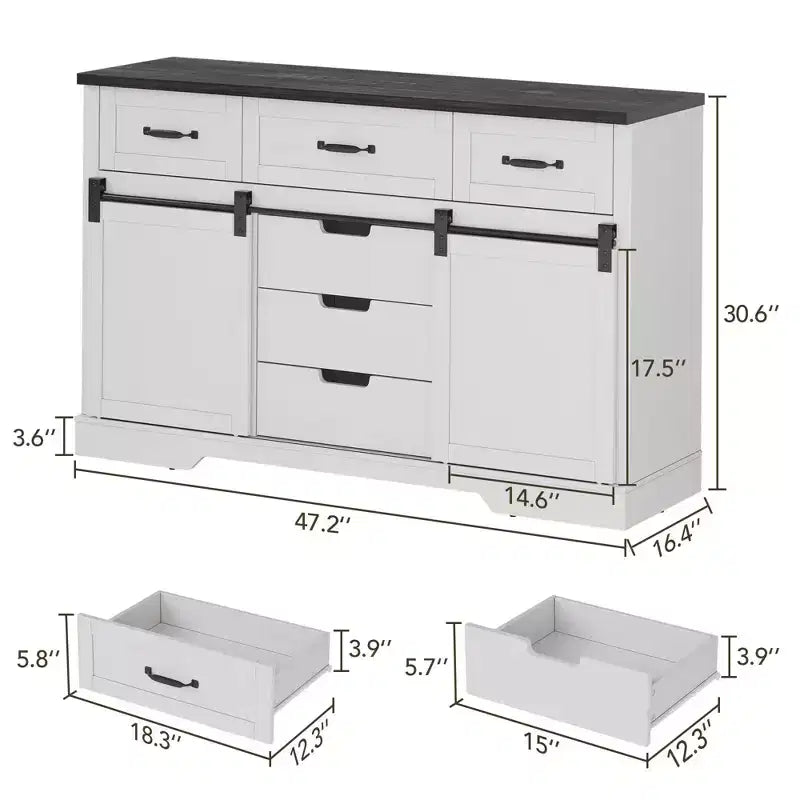 47.2 Armoire de buffet de ferme, armoire de salle à manger avec 6 tiroirs, bar à café blanc avec portes de grange coulissantes pour salle à manger, cuisine, salon