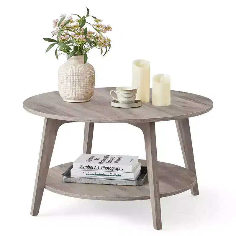 Table basse ronde, tables basses circulaires de 81 cm avec étagère de rangement à 2 niveaux, facile à assembler pour le salon