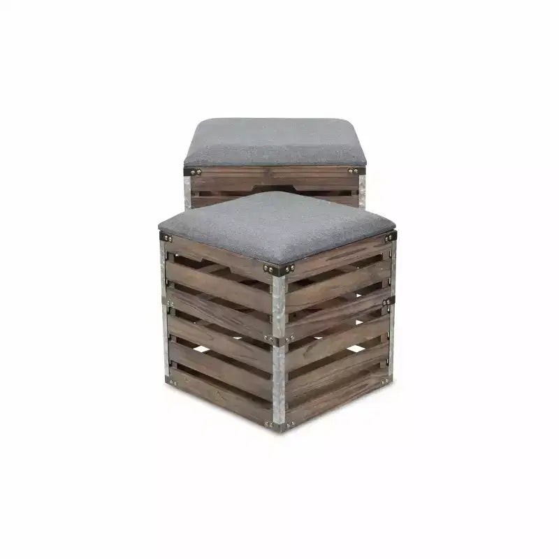 HomeRoots Set Of 2 Square Gray Linen Fabric And Wood Slats Storage Benches