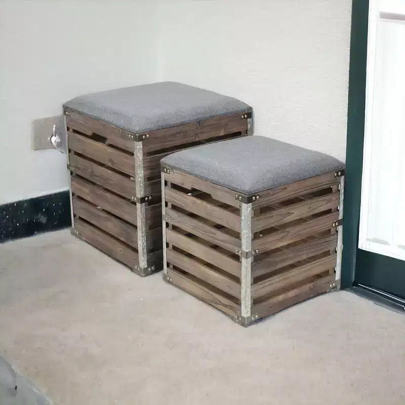 HomeRoots Lot de 2 bancs de rangement carrés en tissu de lin gris et lattes de bois