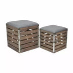 HomeRoots Lot de 2 bancs de rangement carrés en tissu de lin gris et lattes de bois