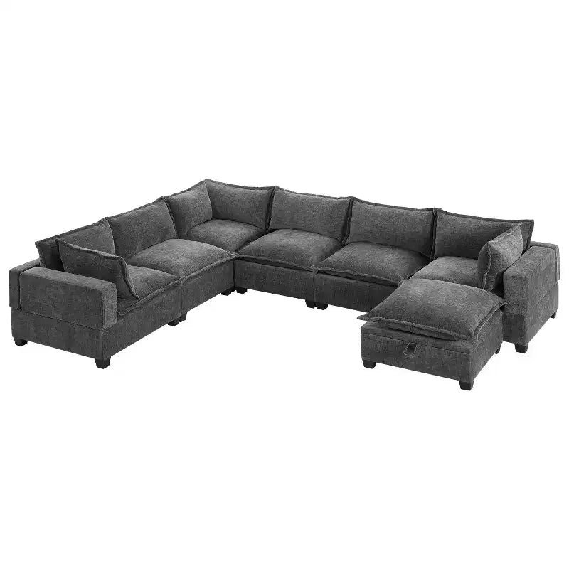 Canapé d'angle modulable Whisen avec pouf de rangement mobile, canapé en U 7 places