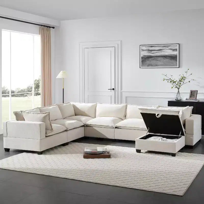 Canapé d'angle modulable Whisen avec pouf de rangement mobile, canapé en U 7 places