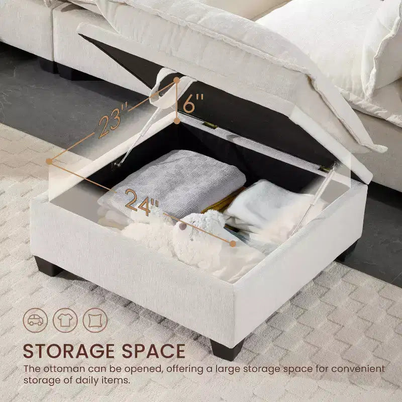 Canapé d'angle modulable Whisen avec pouf de rangement mobile, canapé en U 7 places