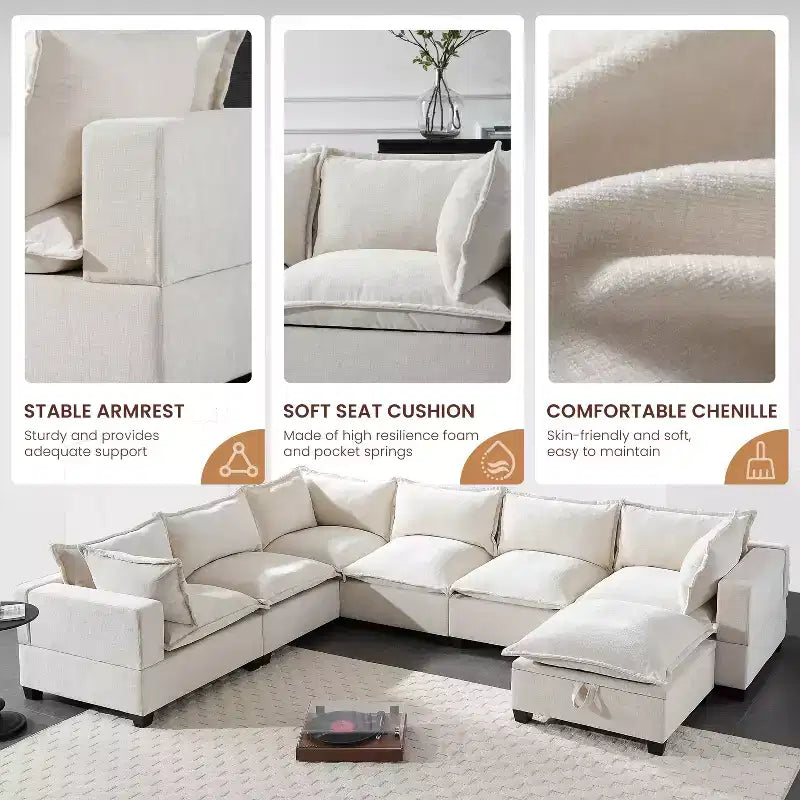 Canapé d'angle modulable Whisen avec pouf de rangement mobile, canapé en U 7 places