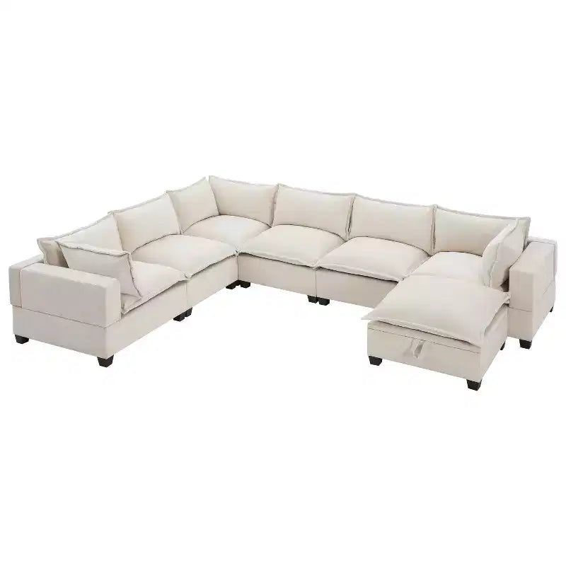 Canapé d'angle modulable Whisen avec pouf de rangement mobile, canapé en U 7 places