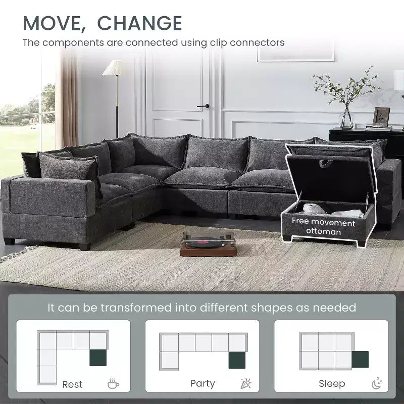 Canapé d'angle modulable Whisen avec pouf de rangement mobile, canapé en U 7 places