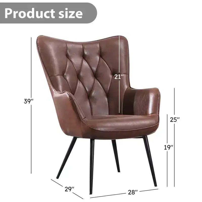 Fauteuil d'appoint en cuir marron foncé avec dossier capitonné et accoudoirs ailés