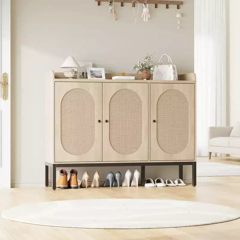 Meuble à chaussures avec 3 portes en rotin, organiseur de rangement à chaussures autoportant avec étagères réglables, armoire de rangement à chaussures à 7 niveaux pour entrée, salon