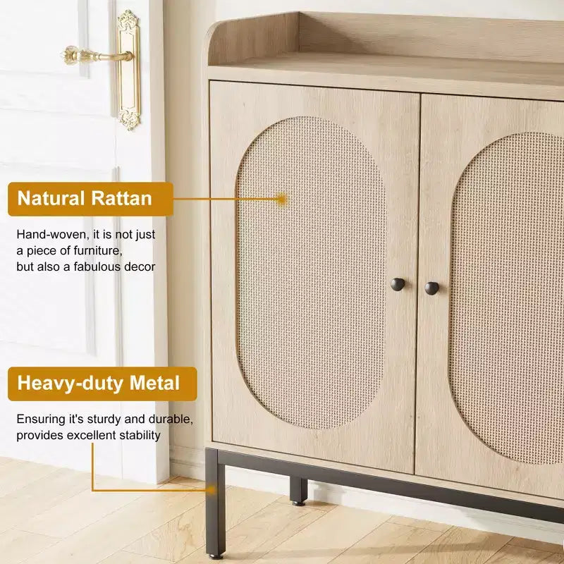 Meuble à chaussures avec 3 portes en rotin, organiseur de rangement à chaussures autoportant avec étagères réglables, armoire de rangement à chaussures à 7 niveaux pour entrée, salon