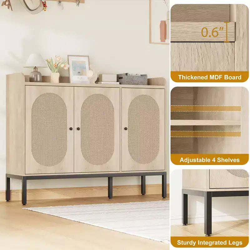 Meuble à chaussures avec 3 portes en rotin, organiseur de rangement à chaussures autoportant avec étagères réglables, armoire de rangement à chaussures à 7 niveaux pour entrée, salon