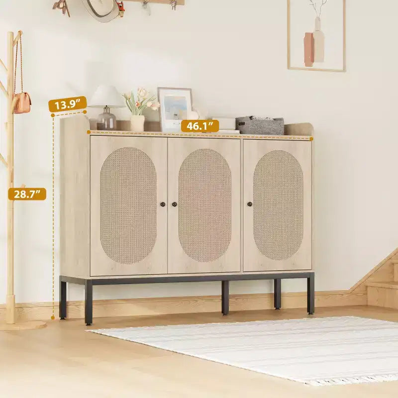 Meuble à chaussures avec 3 portes en rotin, organiseur de rangement à chaussures autoportant avec étagères réglables, armoire de rangement à chaussures à 7 niveaux pour entrée, salon