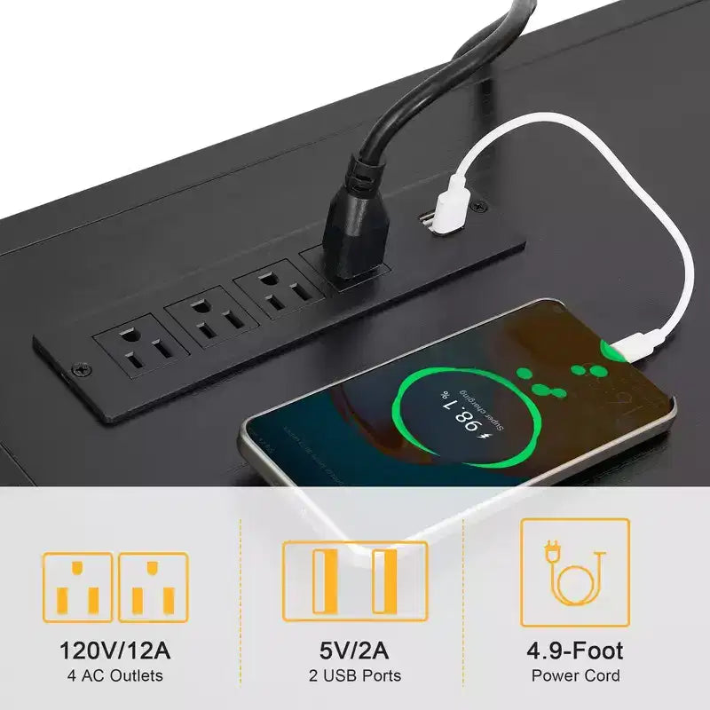 Meuble TV VECELO avec support et prise de courant, Console avec centre de divertissement réglable en hauteur et étagères de rangement pour TV de 70 po, Noir/Marron