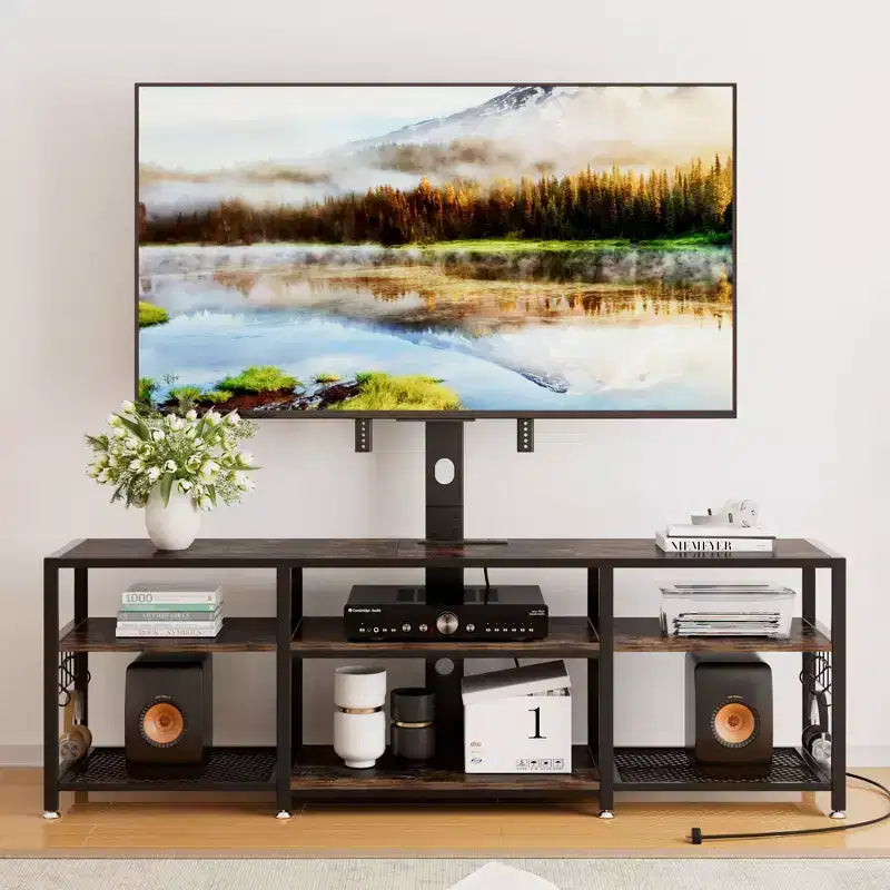 Meuble TV VECELO avec support et prise de courant, Console avec centre de divertissement réglable en hauteur et étagères de rangement pour TV de 70 po, Noir/Marron