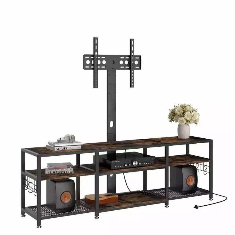 Meuble TV VECELO avec support et prise de courant, Console avec centre de divertissement réglable en hauteur et étagères de rangement pour TV de 70 po, Noir/Marron