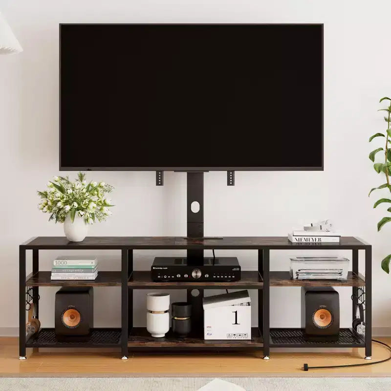 Meuble TV VECELO avec support et prise de courant, Console avec centre de divertissement réglable en hauteur et étagères de rangement pour TV de 70 po, Noir/Marron