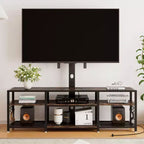 Meuble TV VECELO avec support et prise de courant, Console avec centre de divertissement réglable en hauteur et étagères de rangement pour TV de 70 po, Noir/Marron