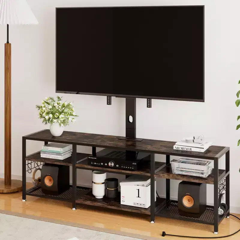 Meuble TV VECELO avec support et prise de courant, Console avec centre de divertissement réglable en hauteur et étagères de rangement pour TV de 70 po, Noir/Marron