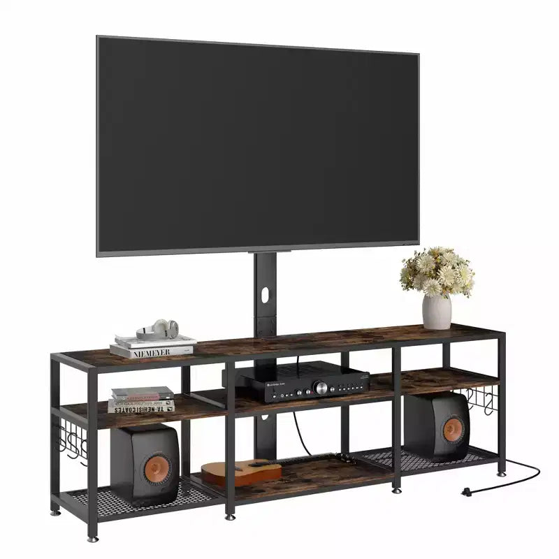 Meuble TV VECELO avec support et prise de courant, Console avec centre de divertissement réglable en hauteur et étagères de rangement pour TV de 70 po, Noir/Marron