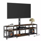 Meuble TV VECELO avec support et prise de courant, Console avec centre de divertissement réglable en hauteur et étagères de rangement pour TV de 70 po, Noir/Marron