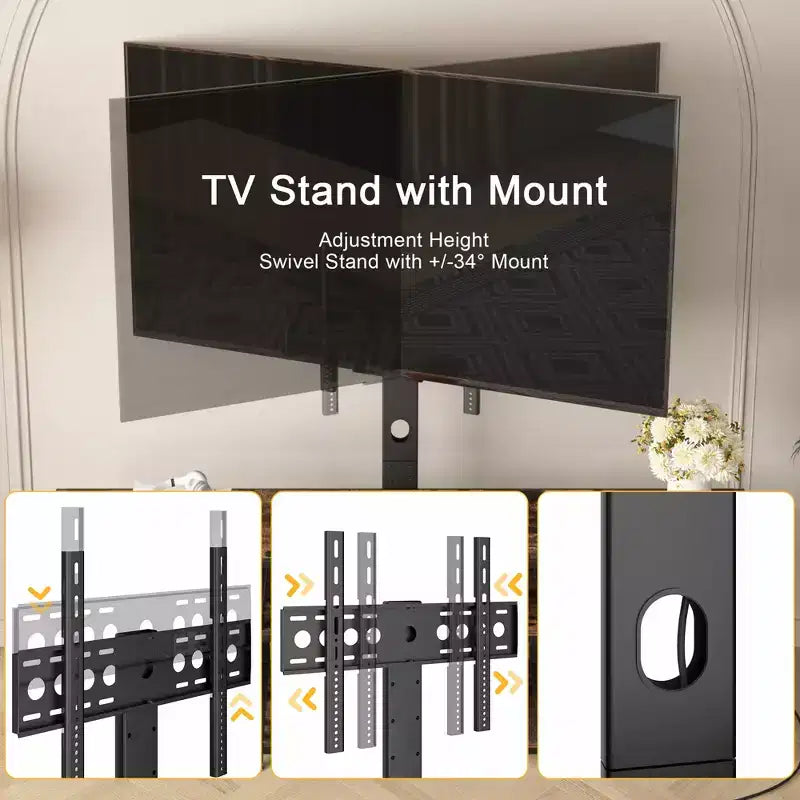 Meuble TV VECELO avec support et prise de courant, Console avec centre de divertissement réglable en hauteur et étagères de rangement pour TV de 70 po, Noir/Marron