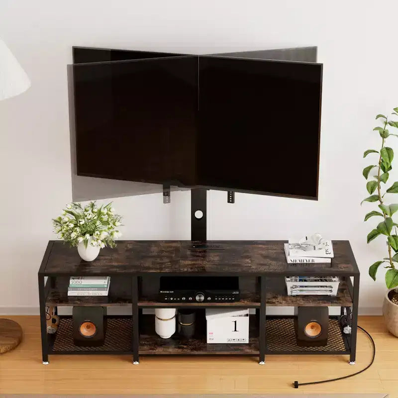 Meuble TV VECELO avec support et prise de courant, Console avec centre de divertissement réglable en hauteur et étagères de rangement pour TV de 70 po, Noir/Marron
