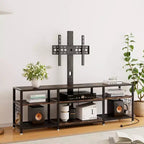 Meuble TV VECELO avec support et prise de courant, Console avec centre de divertissement réglable en hauteur et étagères de rangement pour TV de 70 po, Noir/Marron