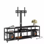 Meuble TV VECELO avec support et prise de courant, Console avec centre de divertissement réglable en hauteur et étagères de rangement pour TV de 70 po, Noir/Marron