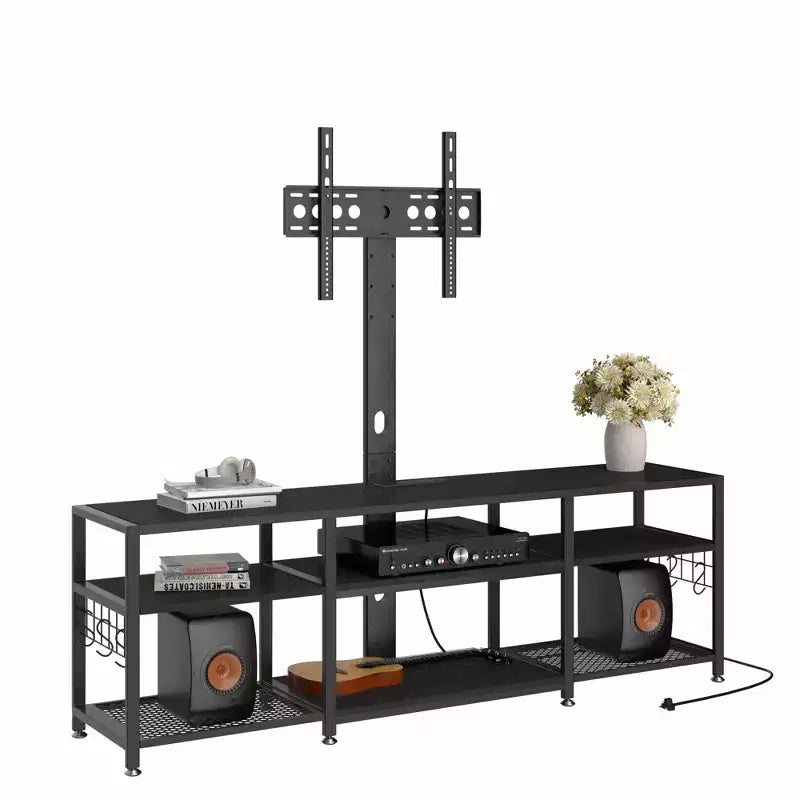 Meuble TV VECELO avec support et prise de courant, Console avec centre de divertissement réglable en hauteur et étagères de rangement pour TV de 70 po, Noir/Marron