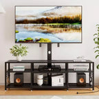 Meuble TV VECELO avec support et prise de courant, Console avec centre de divertissement réglable en hauteur et étagères de rangement pour TV de 70 po, Noir/Marron
