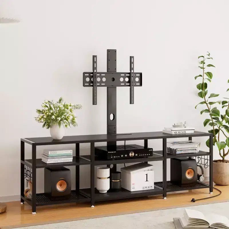 Meuble TV VECELO avec support et prise de courant, Console avec centre de divertissement réglable en hauteur et étagères de rangement pour TV de 70 po, Noir/Marron