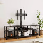 Meuble TV VECELO avec support et prise de courant, Console avec centre de divertissement réglable en hauteur et étagères de rangement pour TV de 70 po, Noir/Marron