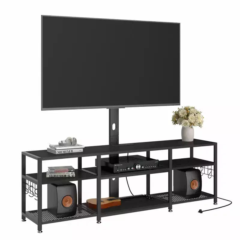 Meuble TV VECELO avec support et prise de courant, Console avec centre de divertissement réglable en hauteur et étagères de rangement pour TV de 70 po, Noir/Marron