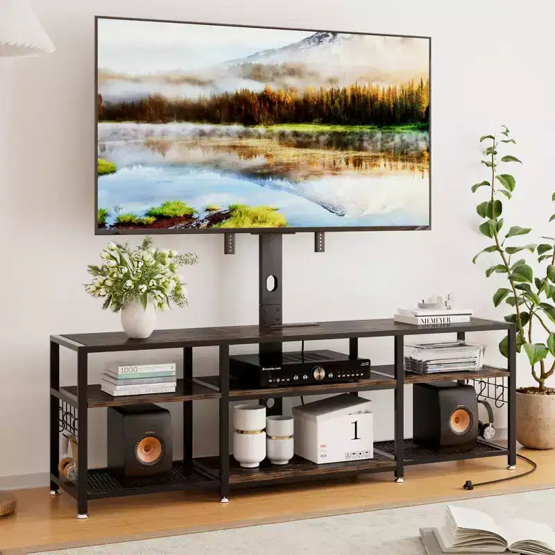 Meuble TV VECELO avec support et prise de courant, Console avec centre de divertissement réglable en hauteur et étagères de rangement pour TV de 70 po, Noir/Marron