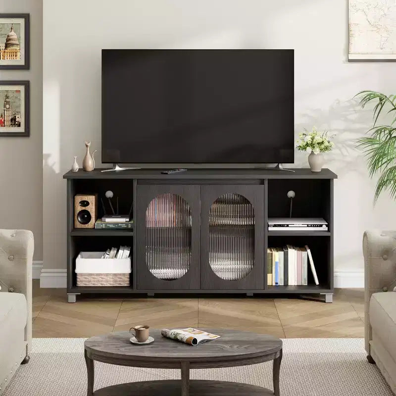 Modern TV Stand for 65 Inch, Black Entertainment Center with Storage Shelves & Glass Doors  Wooden Media Console Cabinet for Living Room
