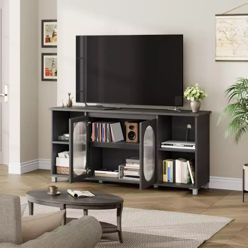 Meuble TV moderne pour téléviseur 65 pouces, meuble de divertissement noir avec étagères de rangement et portes en verre, console multimédia en bois pour salon