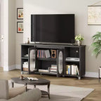 Meuble TV moderne pour téléviseur 65 pouces, meuble de divertissement noir avec étagères de rangement et portes en verre, console multimédia en bois pour salon