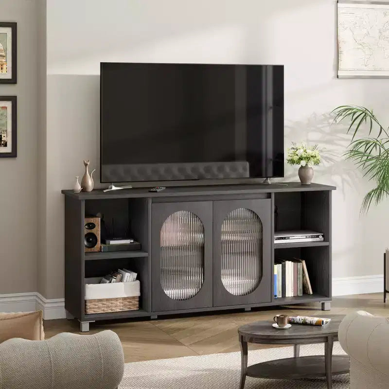 Meuble TV moderne pour téléviseur 65 pouces, meuble de divertissement noir avec étagères de rangement et portes en verre, console multimédia en bois pour salon
