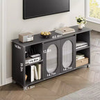 Meuble TV moderne pour téléviseur 65 pouces, meuble de divertissement noir avec étagères de rangement et portes en verre, console multimédia en bois pour salon