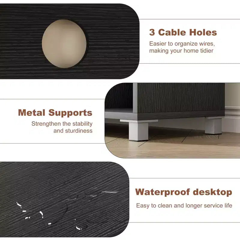 Meuble TV moderne pour téléviseur 65 pouces, meuble de divertissement noir avec étagères de rangement et portes en verre, console multimédia en bois pour salon