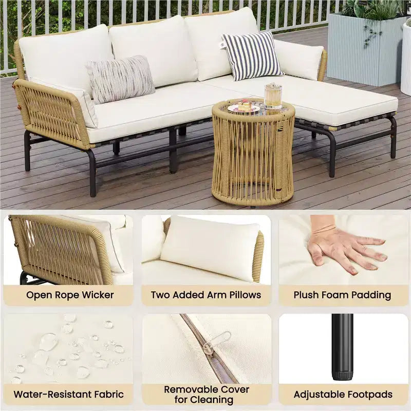 Yaheetech Salon de jardin 3 pièces modulable en forme de L avec table, coussins et oreillers pour le jardin, la terrasse, le bord de la piscine